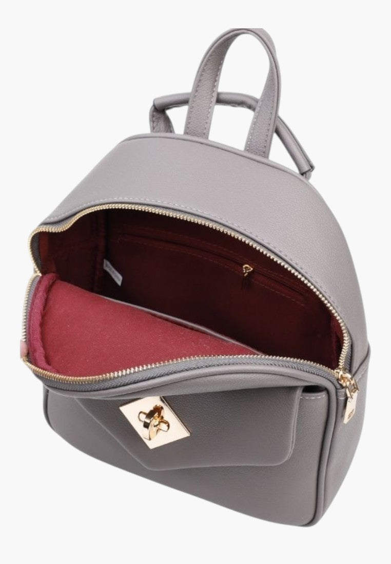 Falio grey faux leather urban backpack with two zippered compartments and gold hardware details