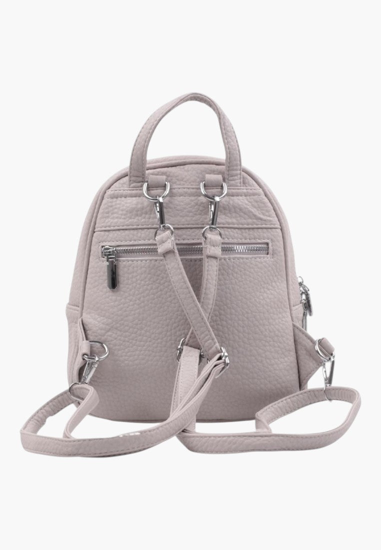 Falio grey faux leather urban backpack with adjustable straps and back zipper pocket, rear view