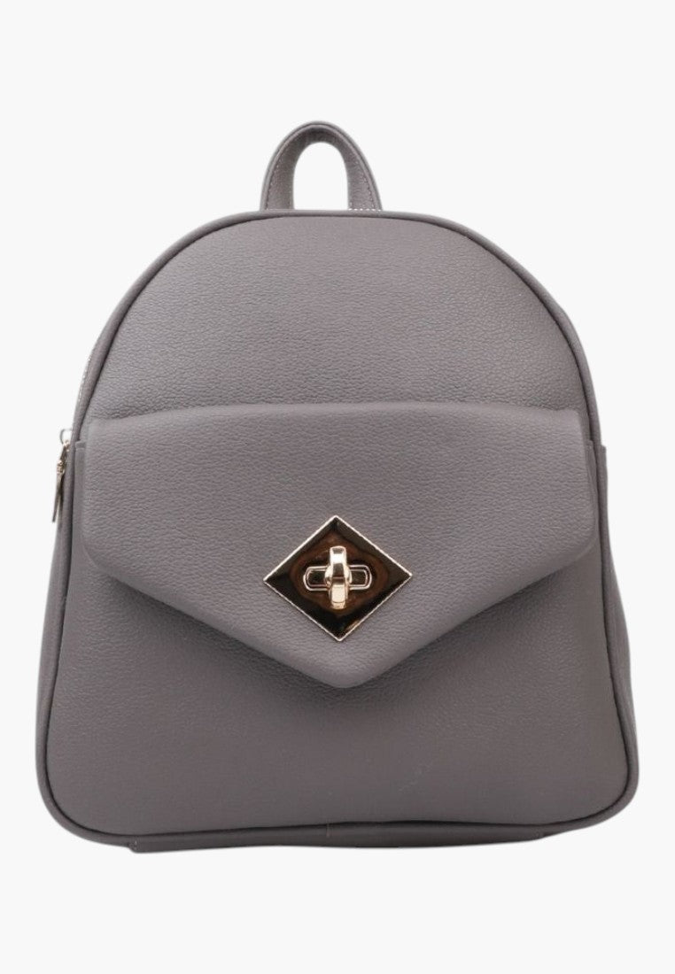 Falio grey faux leather urban backpack with a gold-tone metal clasp closure, suitable for daily use and A4 items.