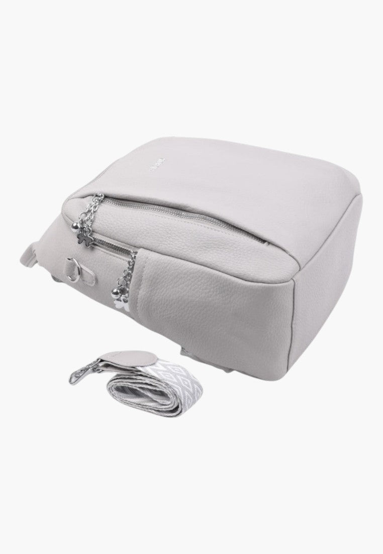 Falio grey faux leather city backpack with A4 capacity, multiple zippered pockets, and a patterned shoulder strap.