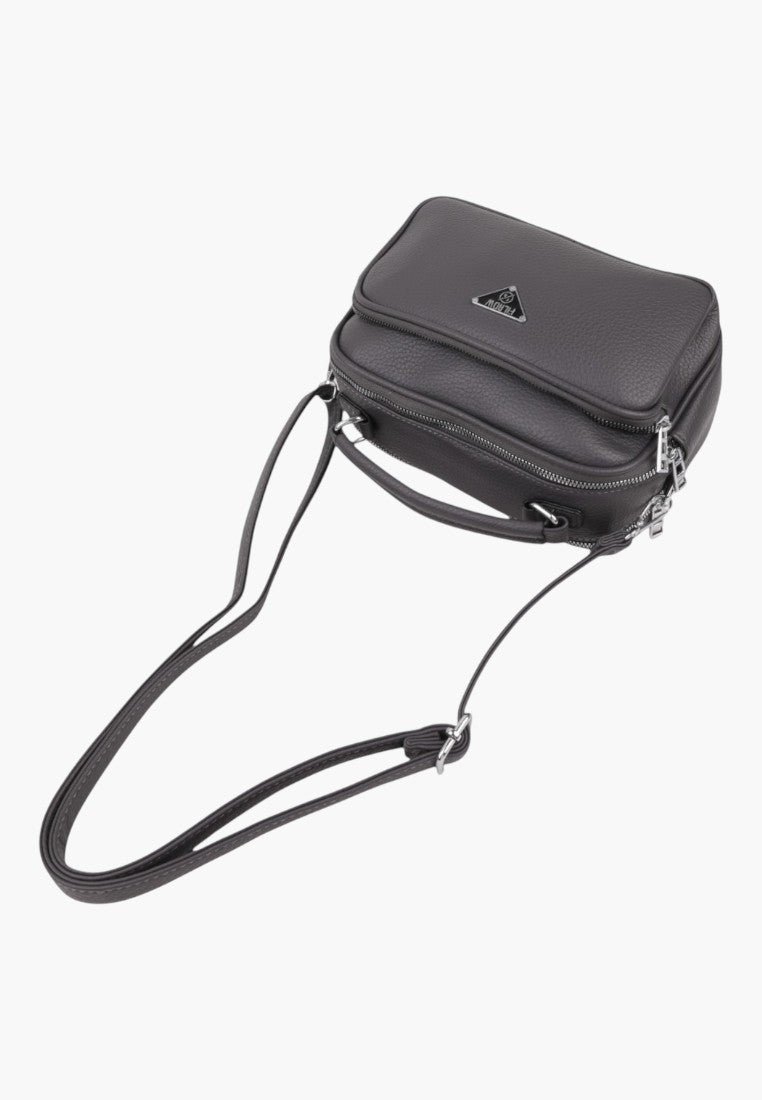Falio grey faux leather crossbody bag with multiple zippered compartments and adjustable shoulder strap