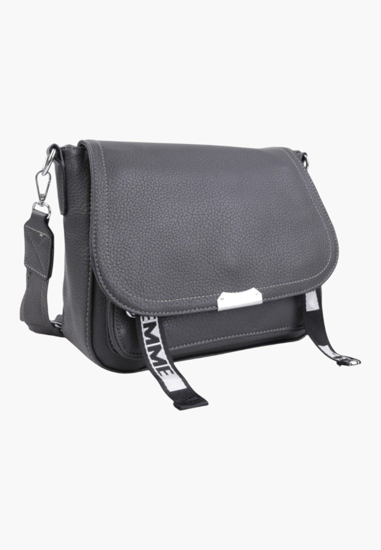 Falio grey faux leather crossbody bag with a flap closure, silver hardware, and branded fabric zipper pulls.
