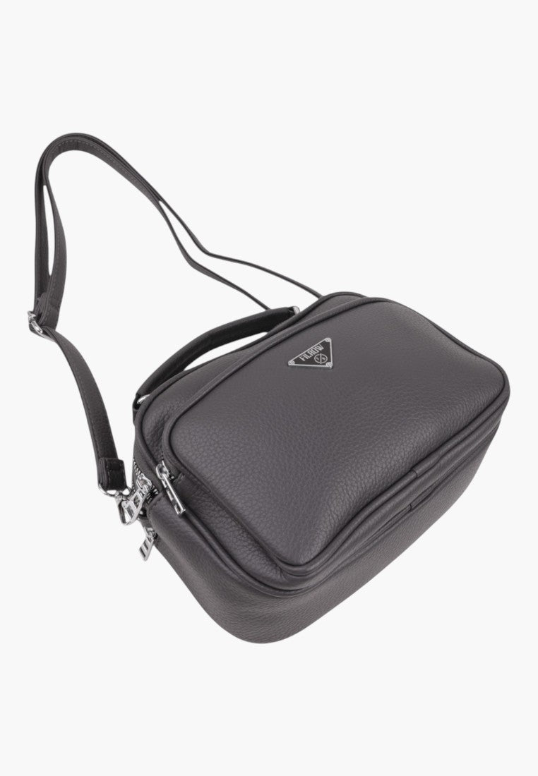 Falio grey faux leather crossbody bag with silver hardware, multiple compartments, and an adjustable shoulder strap.