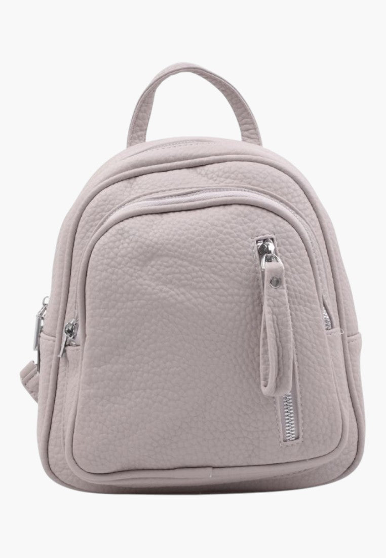 Falio grey faux leather mini city backpack with multiple zippered pockets and a top handle