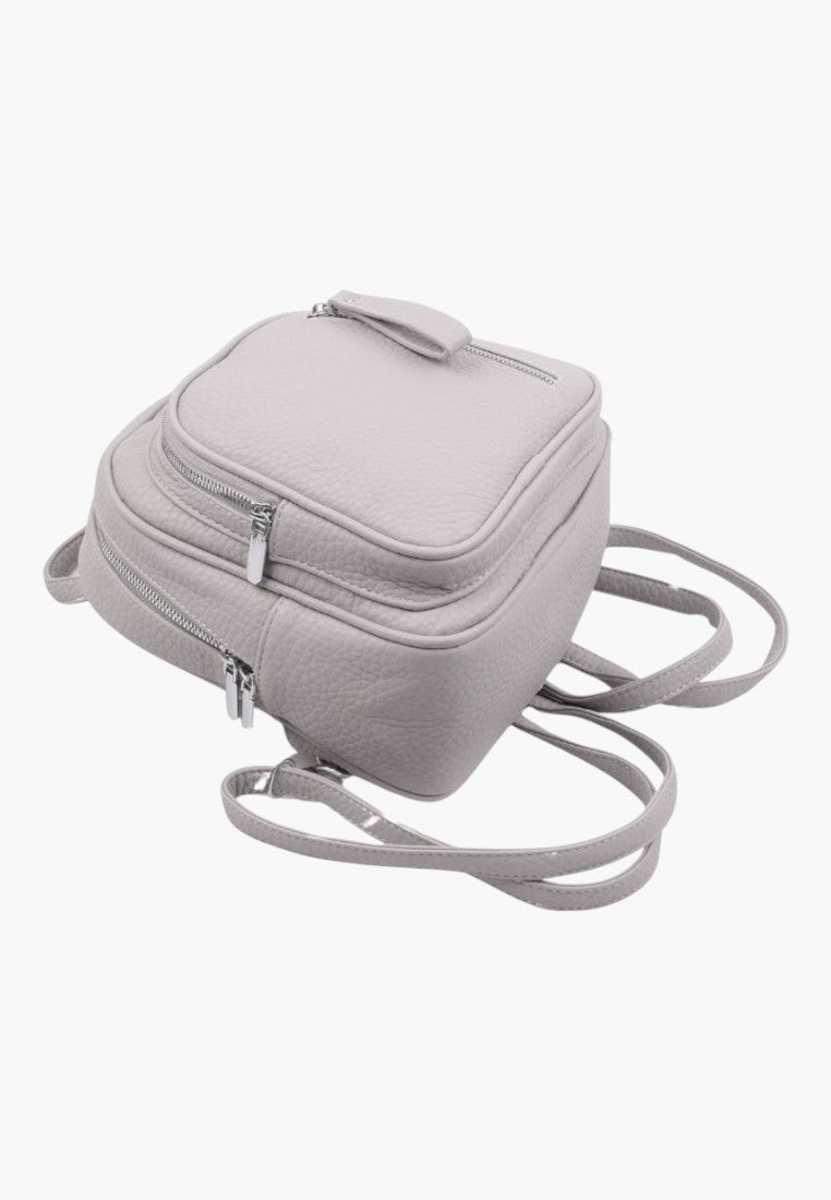 Falio grey faux leather mini backpack with multiple zippered pockets and adjustable straps for urban travel
