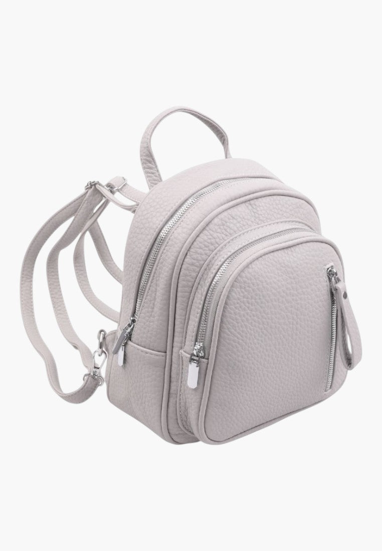 Falio grey faux leather mini urban backpack with multiple zippered pockets and adjustable straps