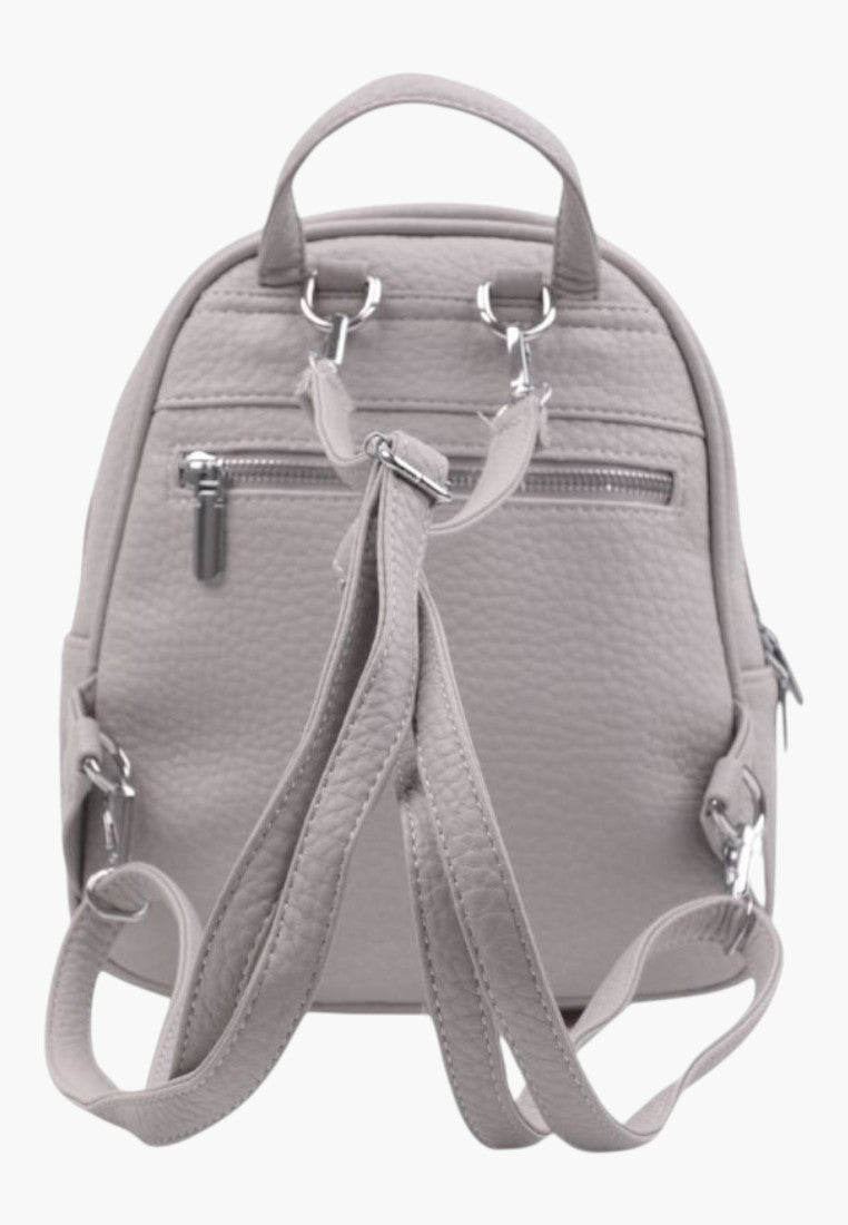 Falio grey faux leather mini urban backpack with adjustable straps and multiple zippered pockets, back view