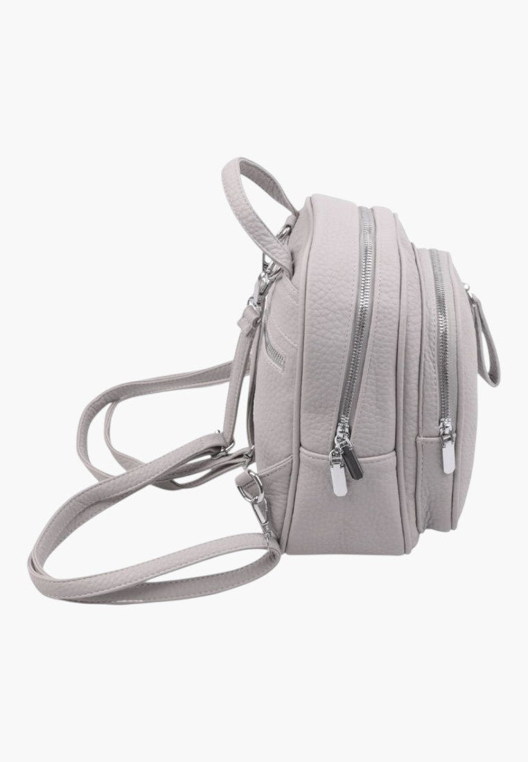 Falio grey faux leather mini urban backpack with multiple zippered compartments and adjustable straps