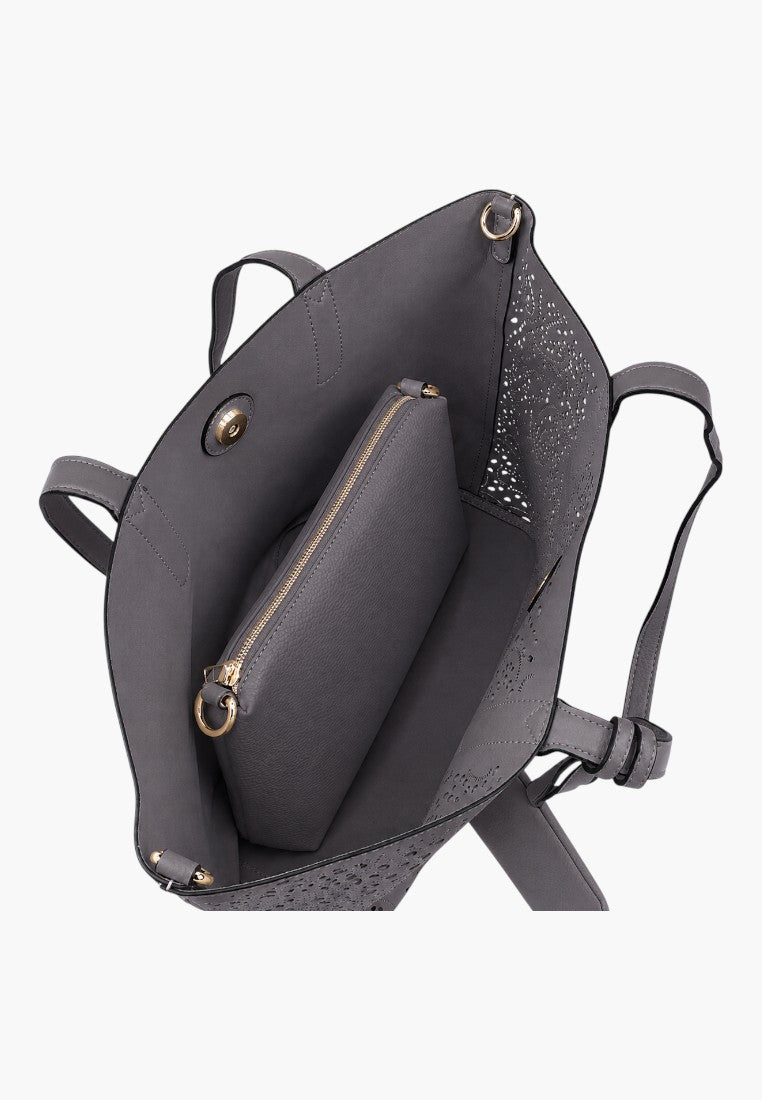 Falio grey faux leather shopper bag with laser-cut details, internal zippered pouch, and gold-tone hardware.