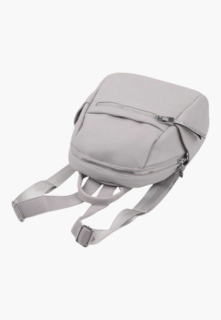 Falio compact urban women's backpack in light grey faux leather with multiple zippered pockets and adjustable straps