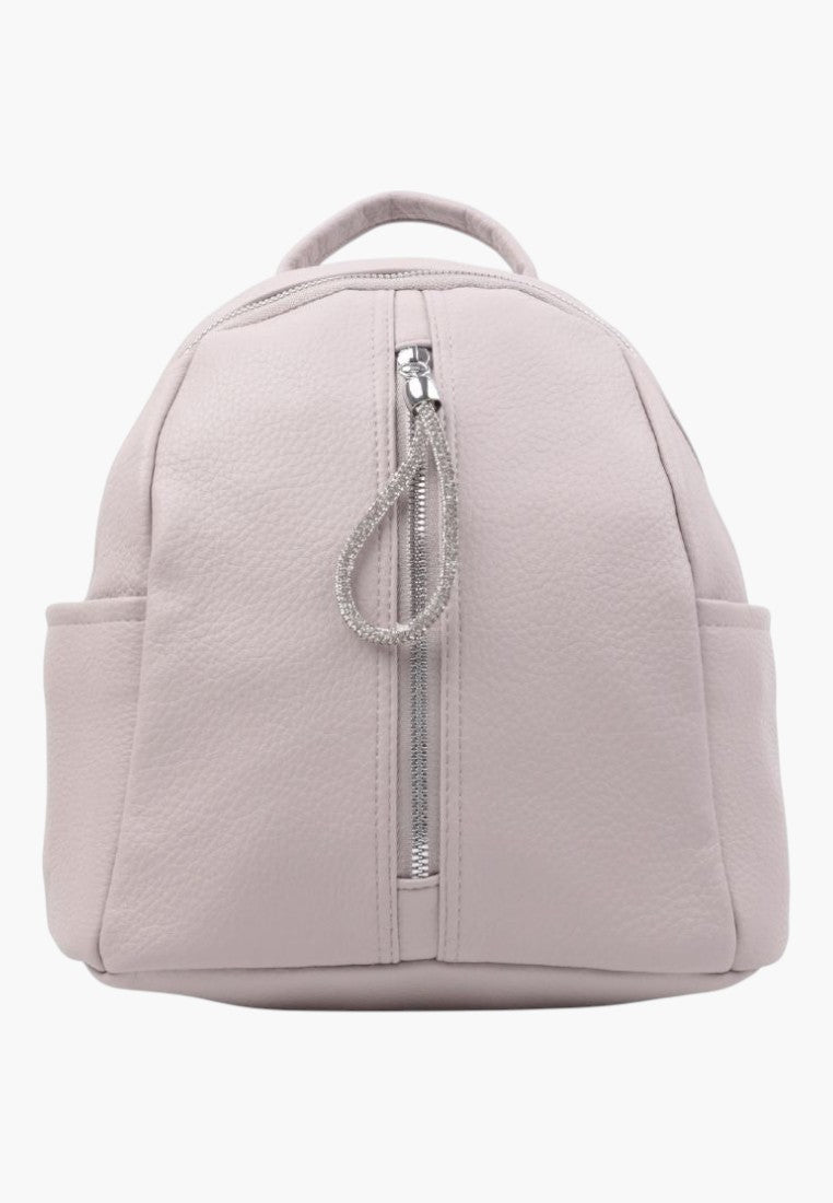 Falio grey faux leather urban backpack with a central zippered pocket and decorative crystal pull tab