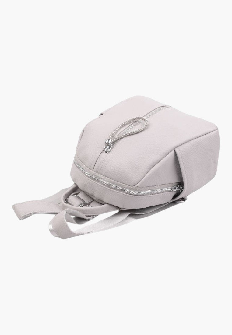 Falio grey faux leather urban backpack with a decorative crystal zipper pull and multiple compartments.