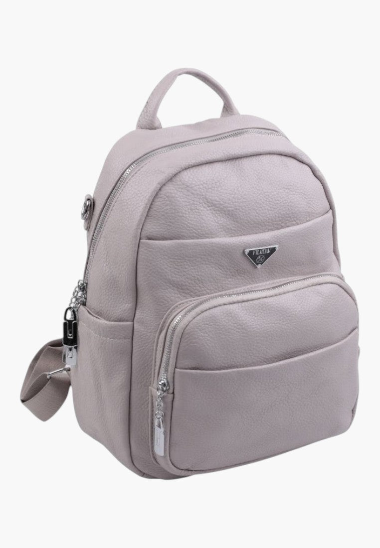 Falio grey faux leather urban backpack with multiple zippered pockets and A4 capacity for daily use