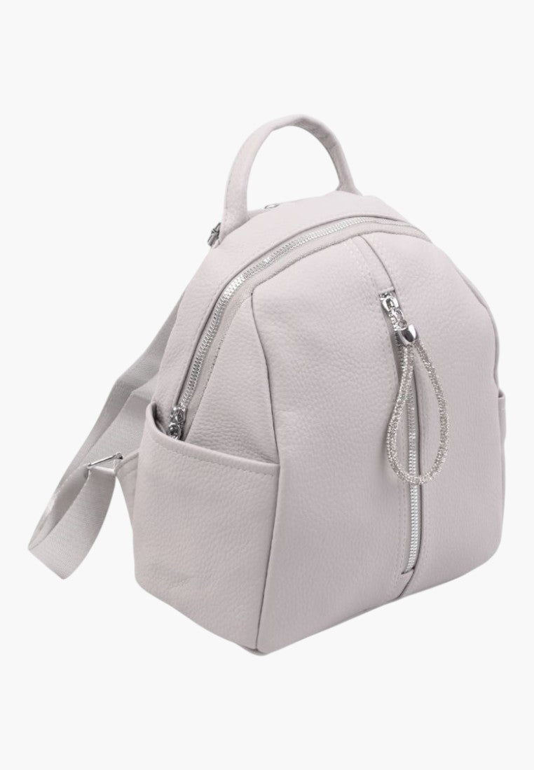 Falio grey faux leather urban backpack with silver zippers and a decorative crystal pull on the front pocket.