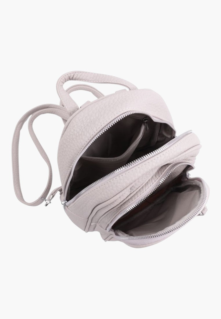 Falio grey faux leather urban backpack with multiple zippered compartments and top handle, top-down view