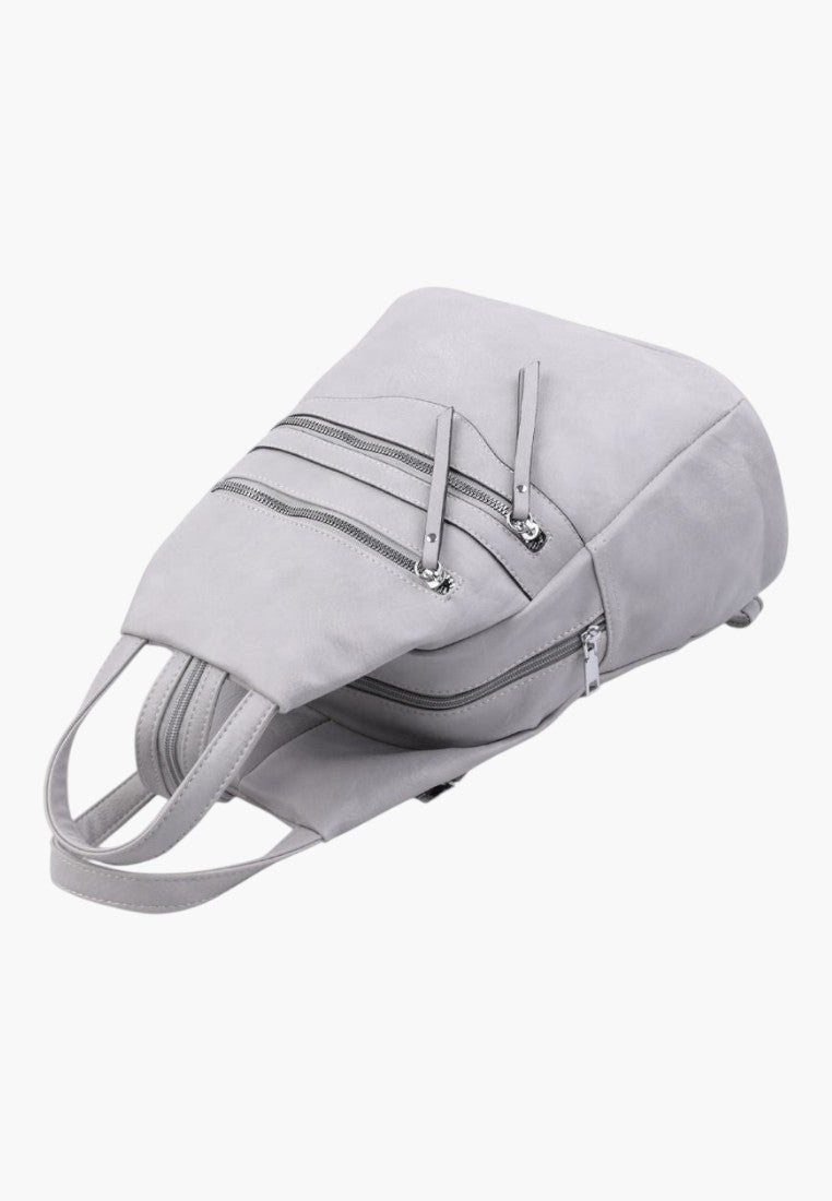 Falio grey faux leather urban backpack with multiple zippered pockets and 16L capacity for daily use