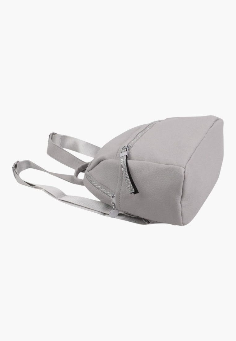Falio grey faux leather urban backpack with a compact design, zipper closure, and adjustable straps