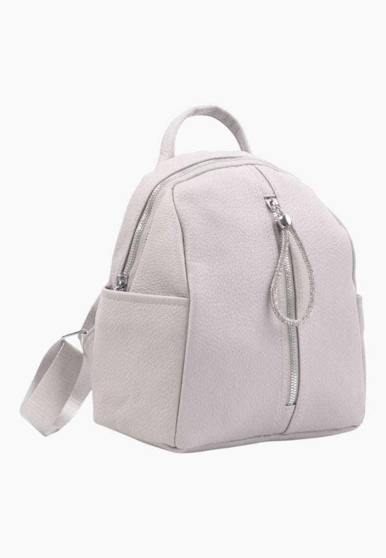 Falio grey faux leather urban backpack with a decorative crystal zipper pull and multiple functional pockets.