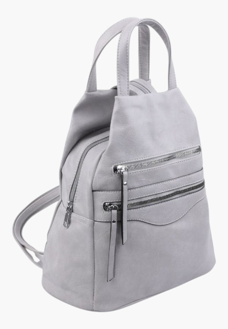 Falio grey faux leather urban backpack with multiple zippered pockets and top handles for versatile carrying