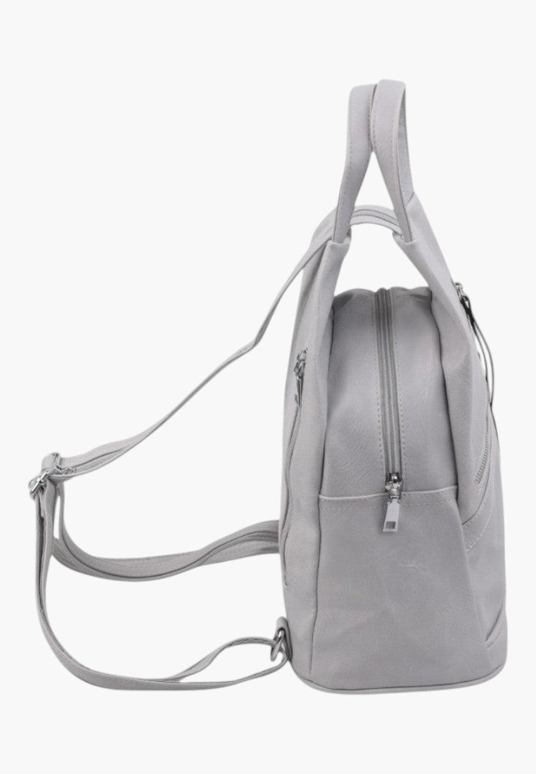 Falio grey faux leather urban backpack with top handles and side zipper pocket, side view