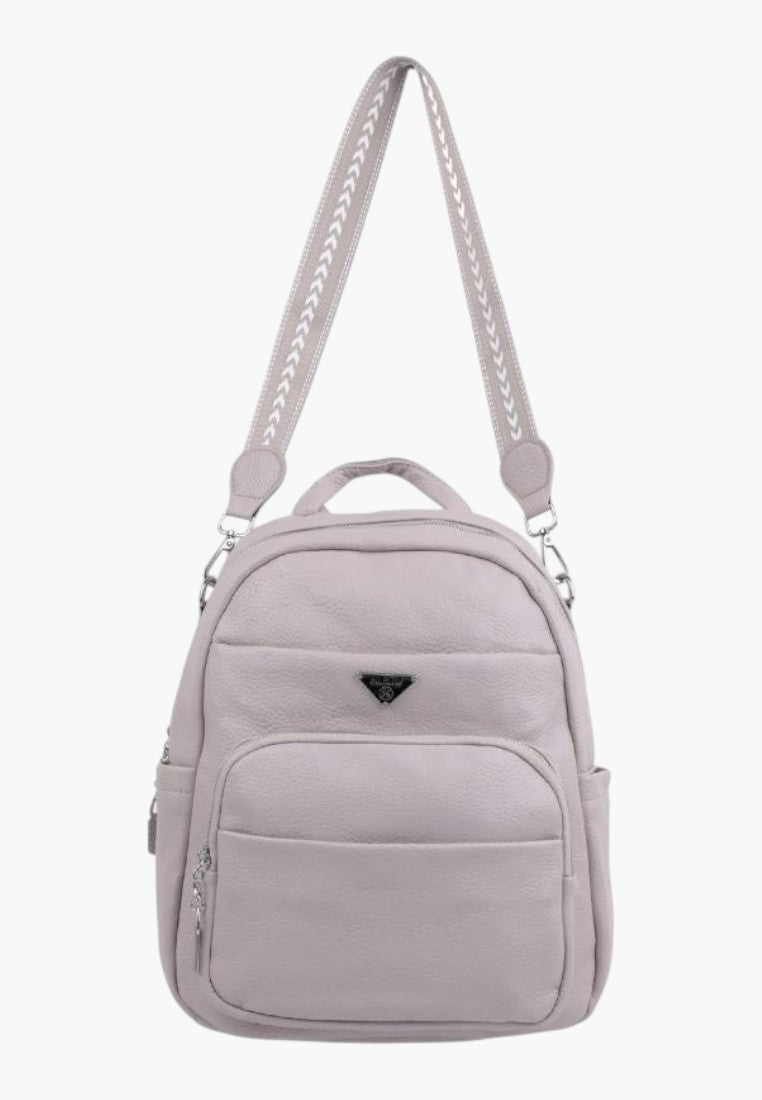 Falio grey faux leather urban women's backpack with a patterned shoulder strap and multiple zippered pockets.