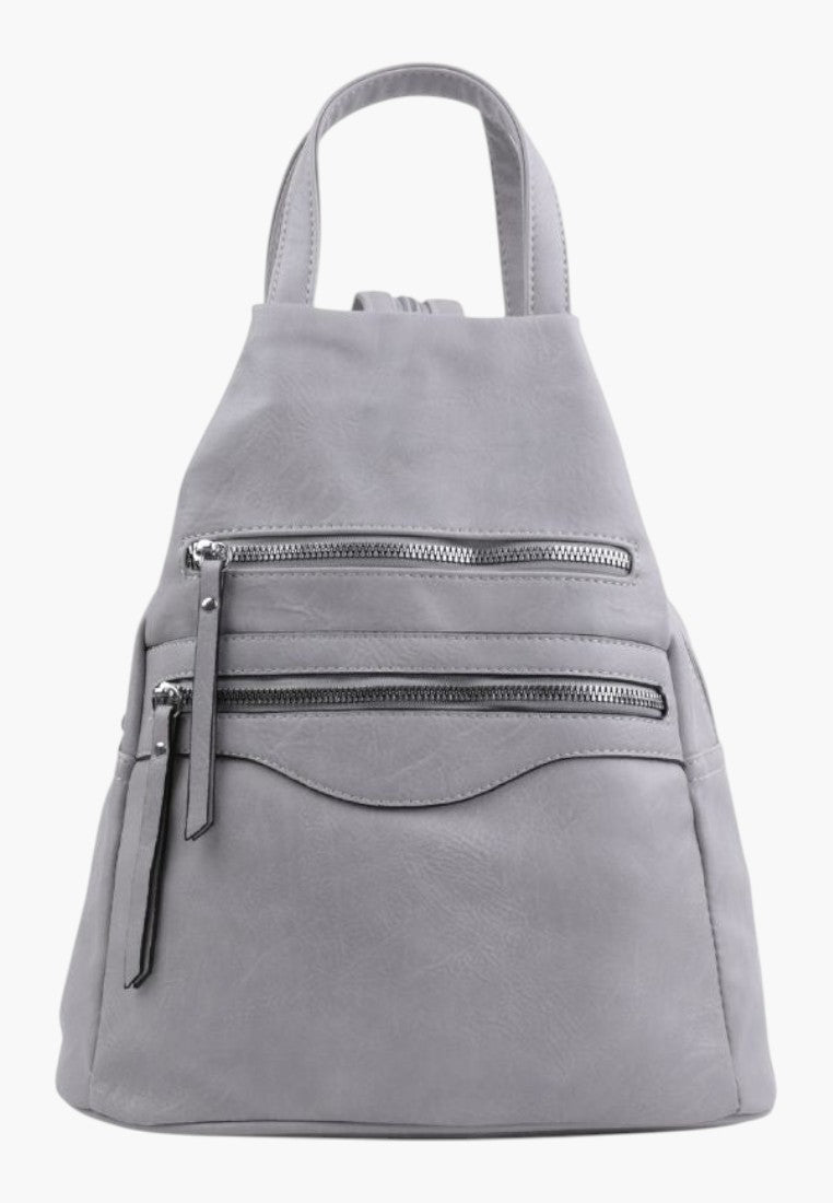 Falio grey faux leather urban backpack with multiple zippered pockets and top handle for daily use