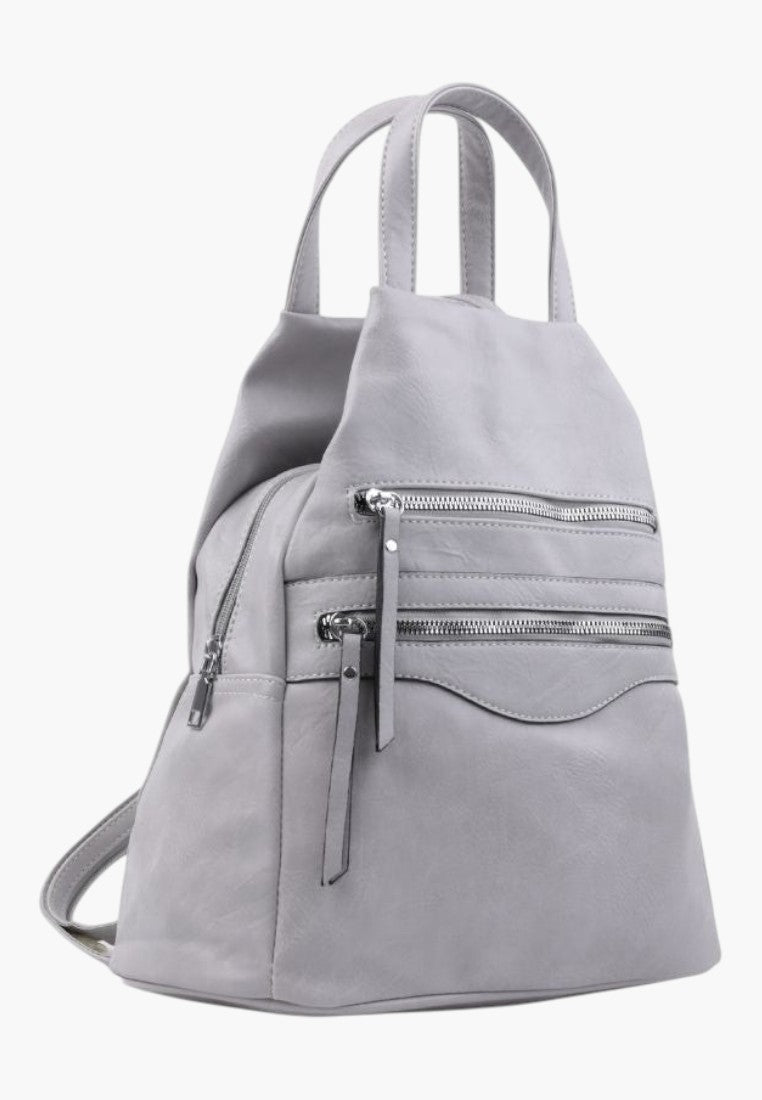 Falio grey faux leather urban backpack with multiple zippered pockets and top handles for versatile carrying