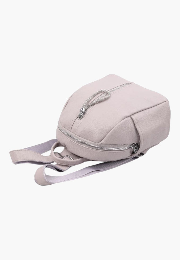 Falio grey faux leather urban backpack with a decorative crystal zipper pull and multiple compartments.