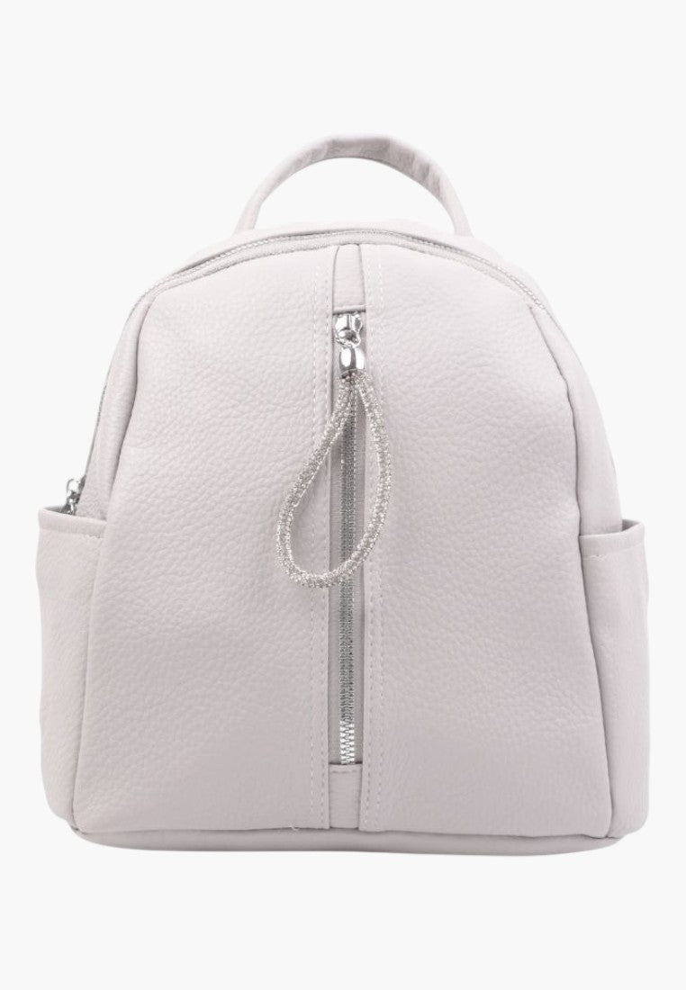 Falio grey faux leather urban backpack with a decorative crystal zipper pull and multiple functional pockets