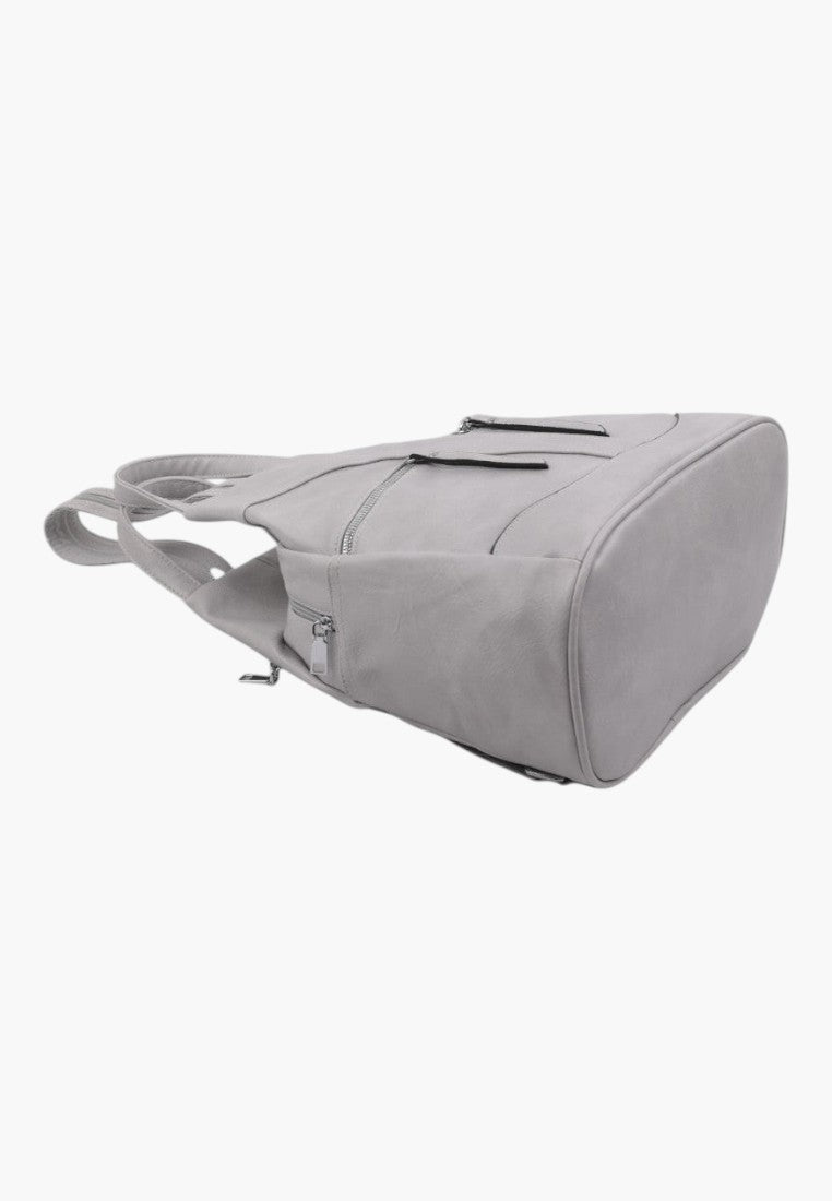Falio grey urban faux leather backpack with multiple zippered compartments, shown from a side angle.