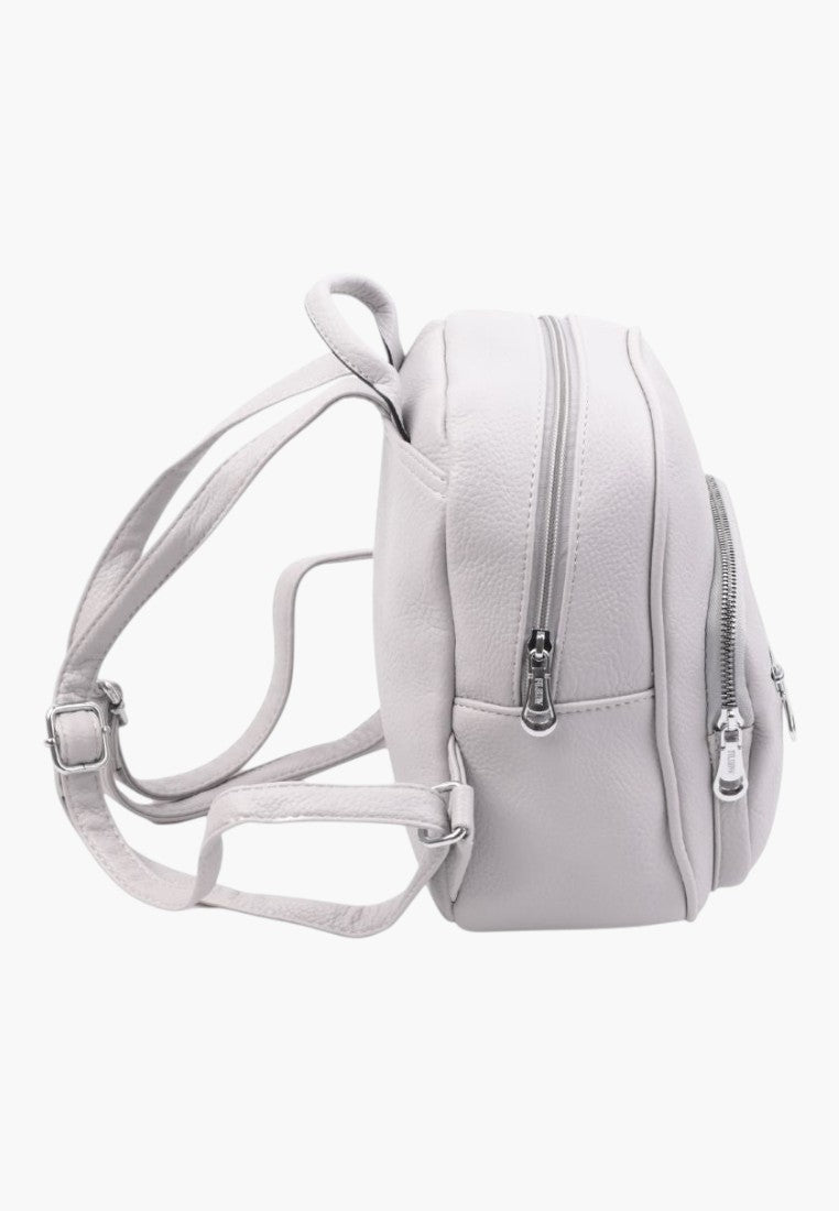 Falio grey faux leather urban backpack with side view showing zippered compartments and adjustable straps