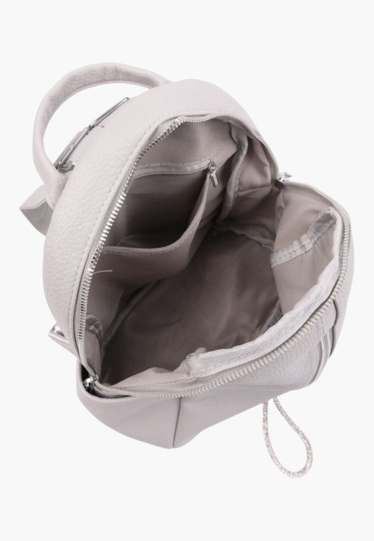 Falio grey faux leather urban backpack with open top view showing interior pockets and zipper closure