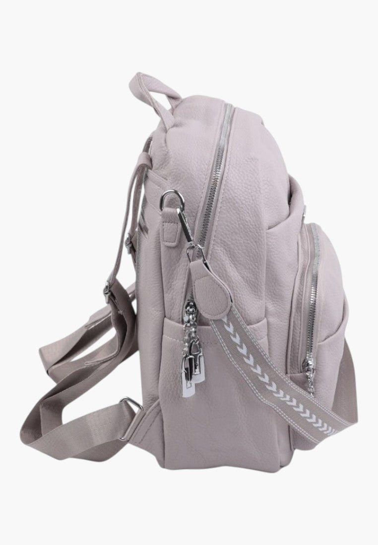 Falio grey faux leather urban backpack with side view, multiple zippered pockets, and patterned shoulder strap