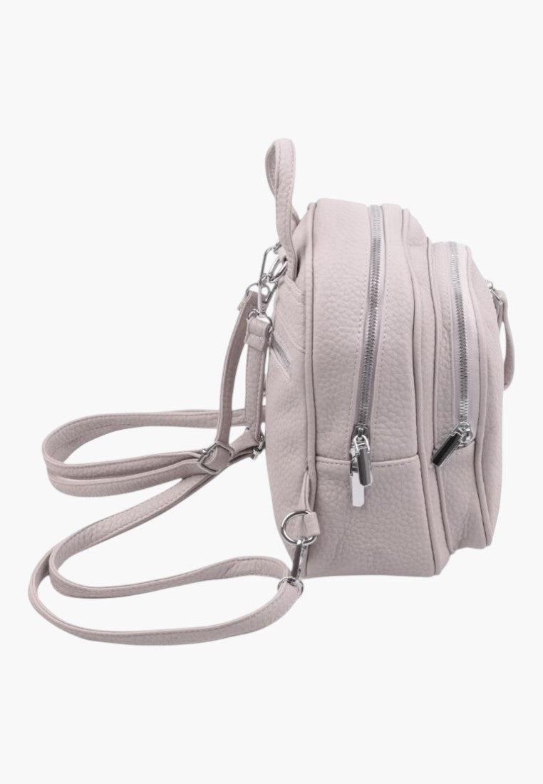 Falio grey faux leather urban backpack with multiple zippered pockets and adjustable straps, side view