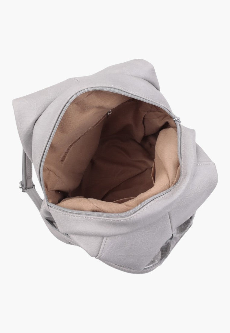 Falio grey faux leather urban backpack with open zippered main compartment and beige interior lining