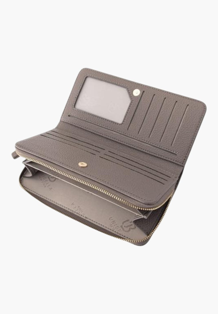 Falio women's horizontal wallet in grey faux leather with multiple card slots, two compartments, and a zip closure.