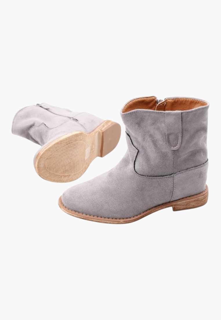 Falio grey faux suede ankle boots with rounded toe, side zipper, and flat sole for comfortable daily wear.