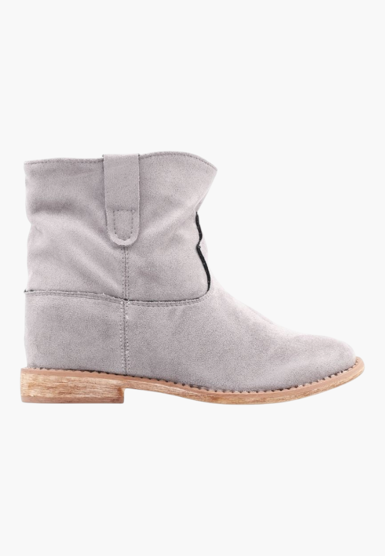 Falio grey faux suede ankle boots with a rounded toe and comfortable low heel for everyday style.