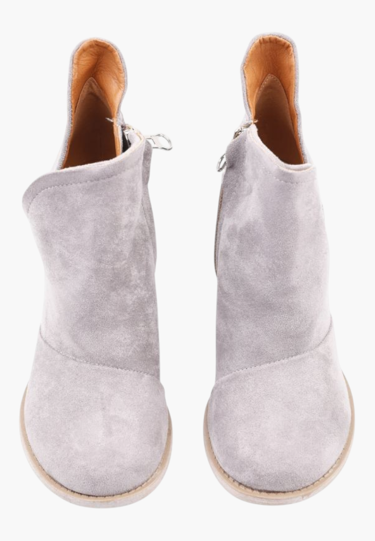 Falio grey faux suede ankle boots with a block heel, round toe, and side zipper closure for women.