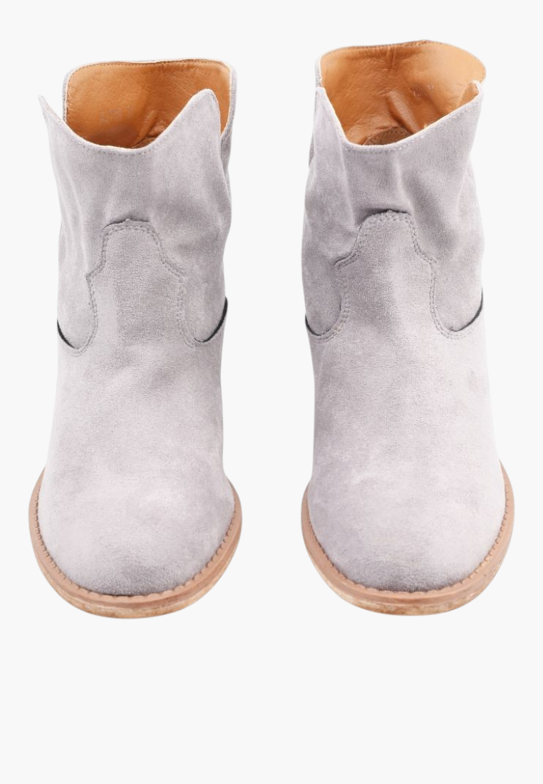 Falio grey faux suede ankle boots with a hidden wedge and western-inspired cowboy design