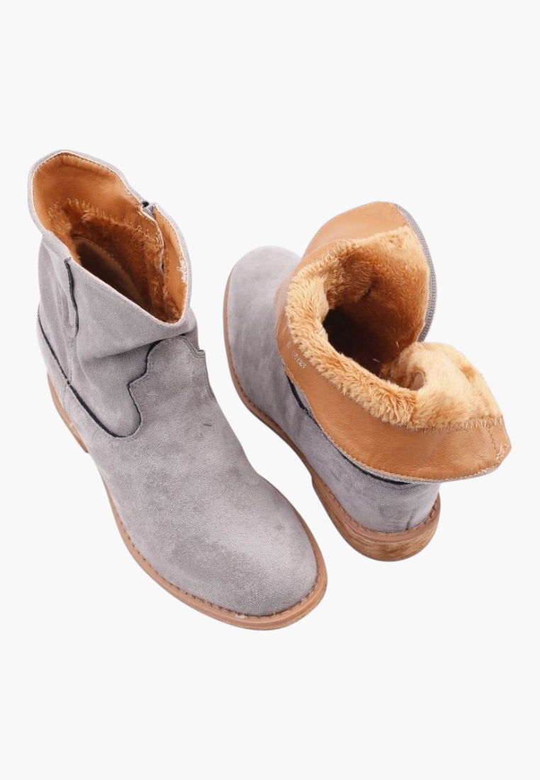 Falio grey faux suede ankle boots with warm faux fur lining and rounded toe, perfect for stylish winter comfort.