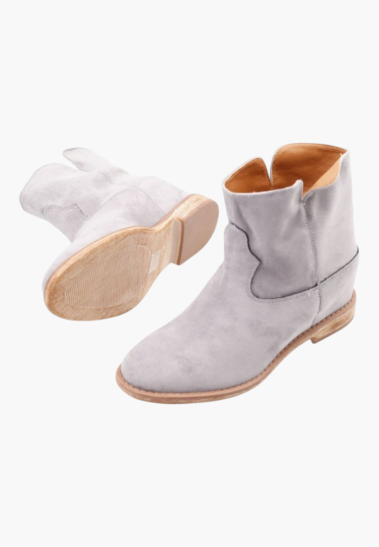 Falio grey faux suede ankle boots with hidden wedge heel and western-inspired design