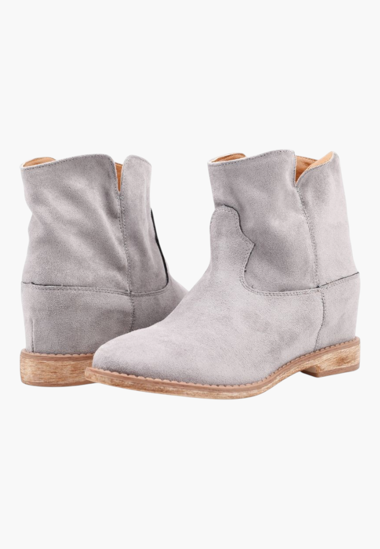 Falio grey faux suede ankle boots with a hidden wedge heel and western-inspired design