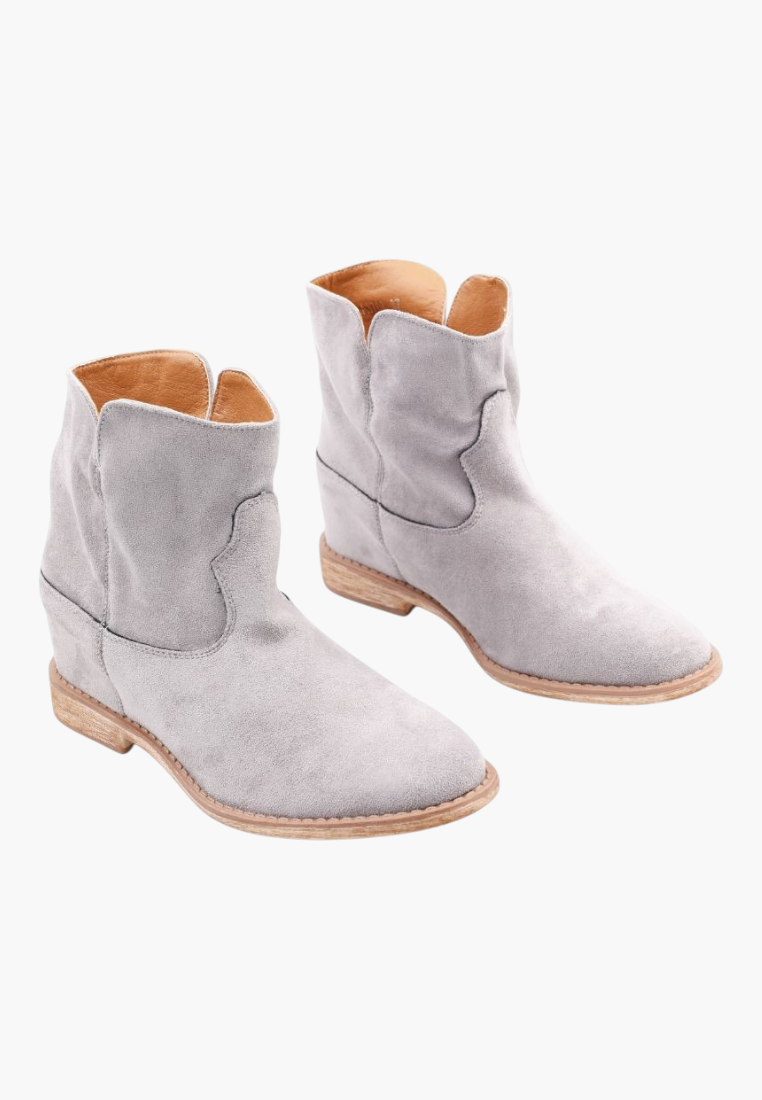 Falio grey faux suede ankle boots with a hidden wedge heel and western-inspired design