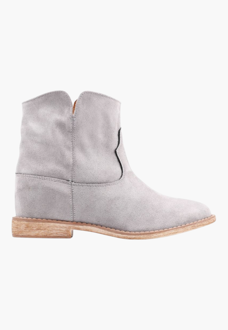 Falio grey faux suede ankle boots with a hidden wedge heel and rounded top, perfect for a western-inspired look.