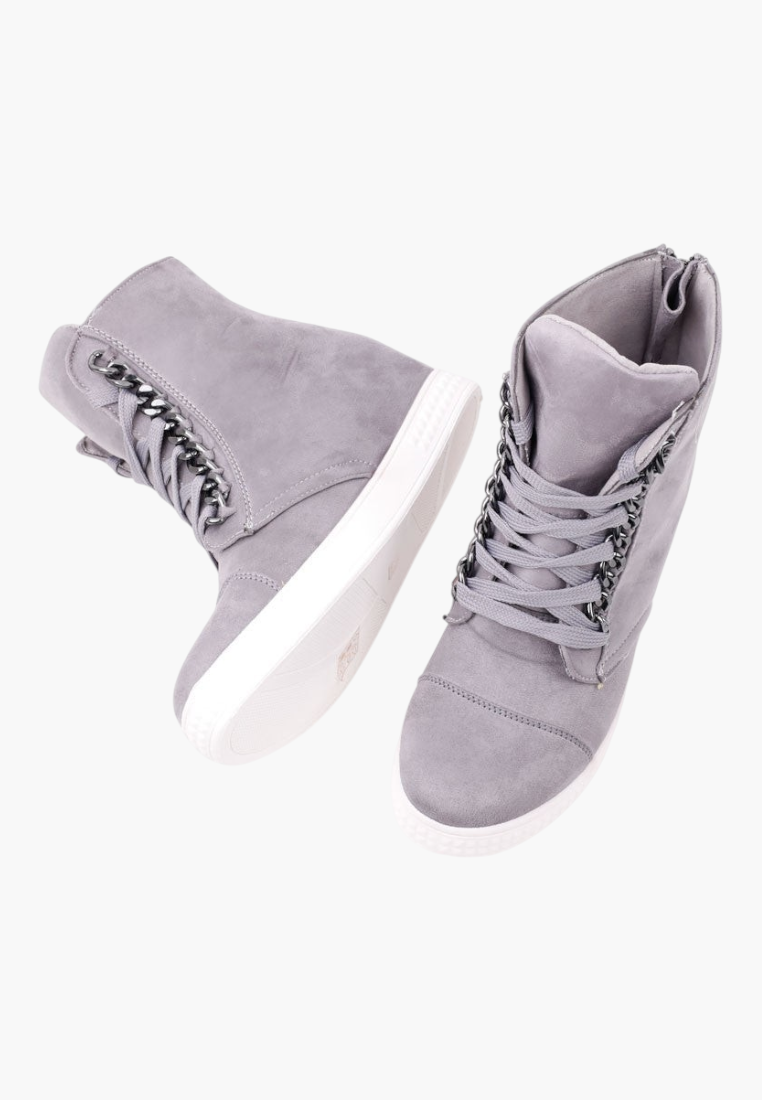Falio grey faux suede high-top wedge sneakers with lace-up front and decorative back zipper