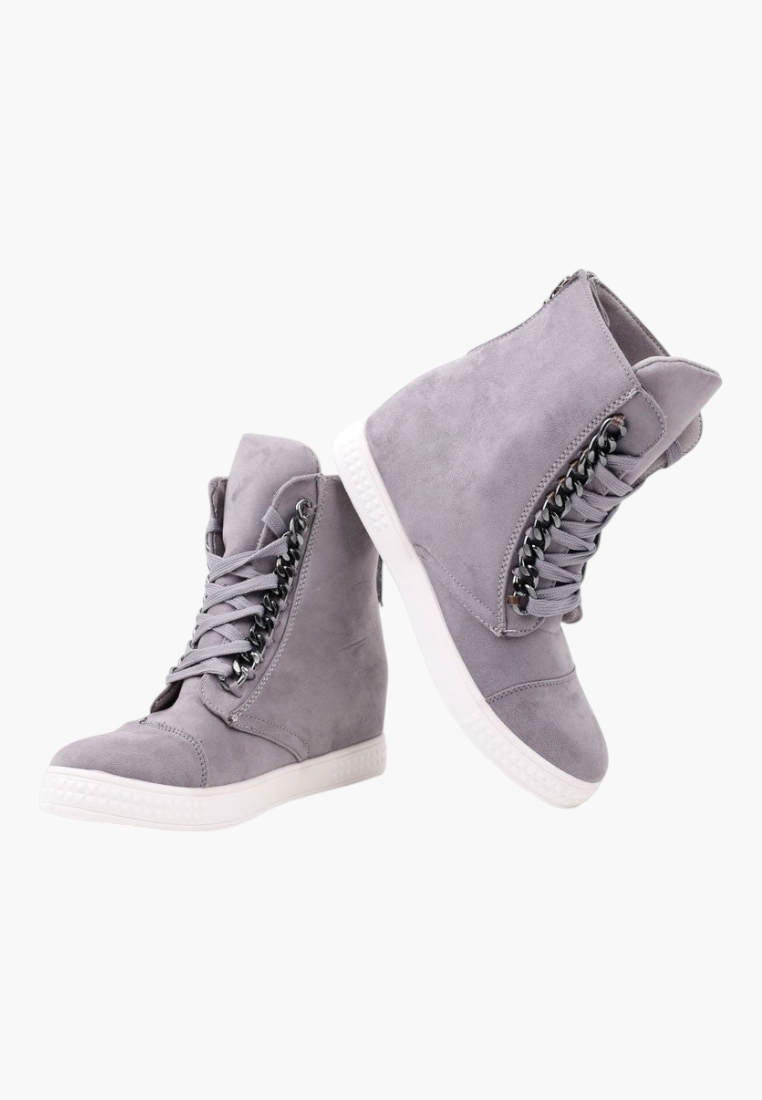 Falio grey faux suede wedge sneakers with lace-up front, decorative back zipper, and white rubber soles.
