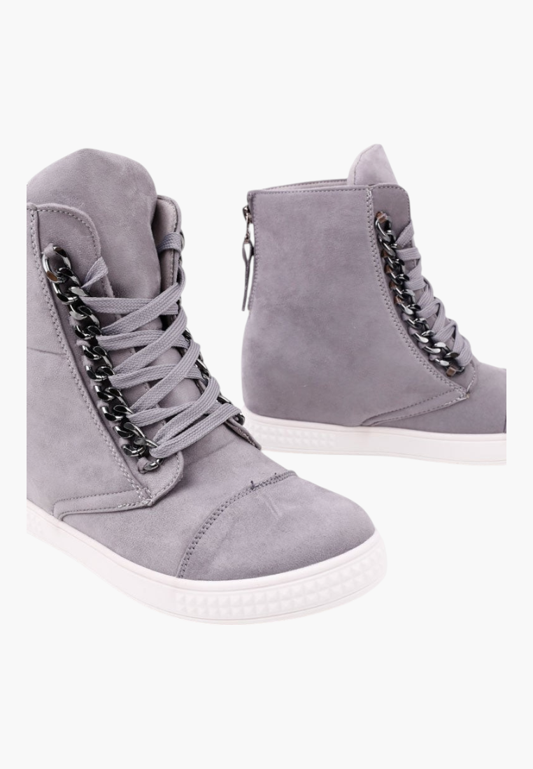 Falio grey faux suede high-top wedge sneakers with lace-up front, decorative chain detail, and back zipper.
