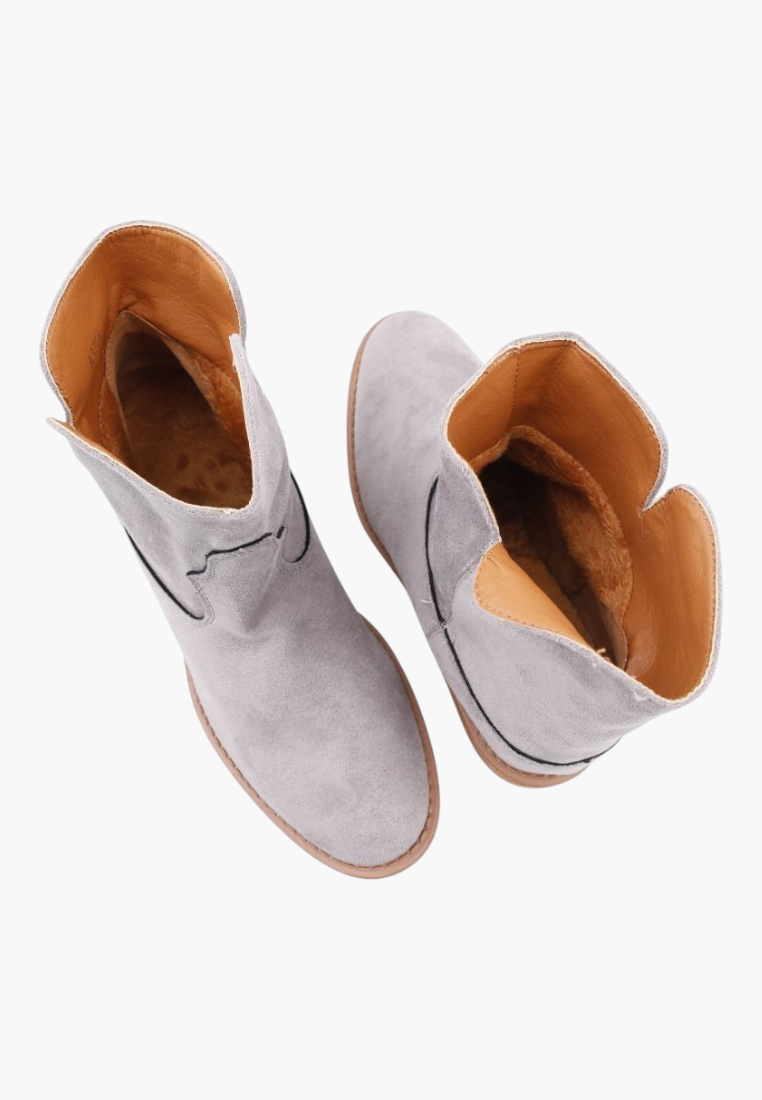 Falio grey faux suede ankle boots with hidden wedge and warm lining, featuring a western-inspired silhouette.