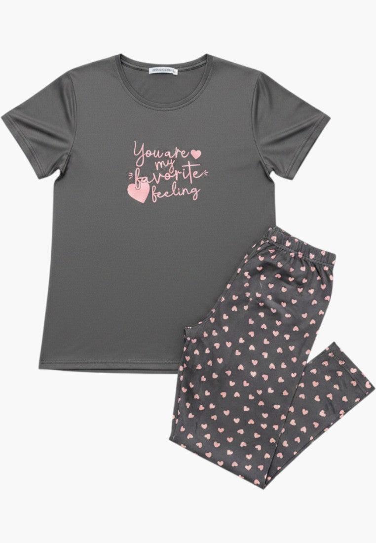 Falio grey 100% cotton women's pajama set with pink heart print on pants and graphic on top.